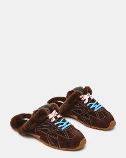Aziel Mule Faux Fur Chocolate Brown Suede