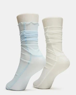 2 Pack Sofia Solid Mesh Crew Socks Light Blue