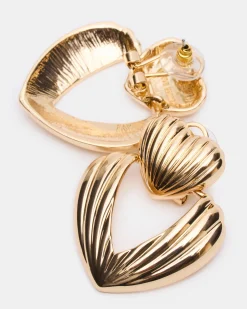 Ribbed Double Heart Earrings Gold